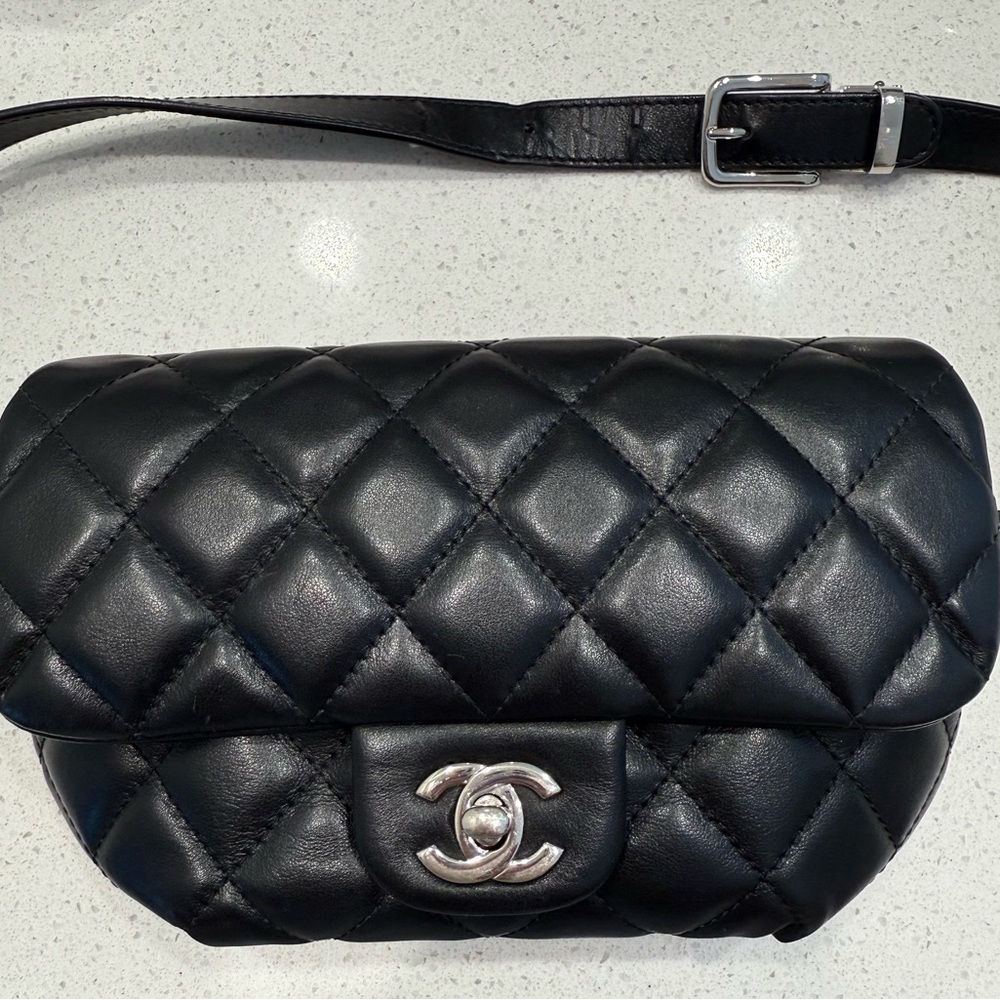 CHANEL Black Quilted UNIFORM Leather Belt Bag with Silver Hardware